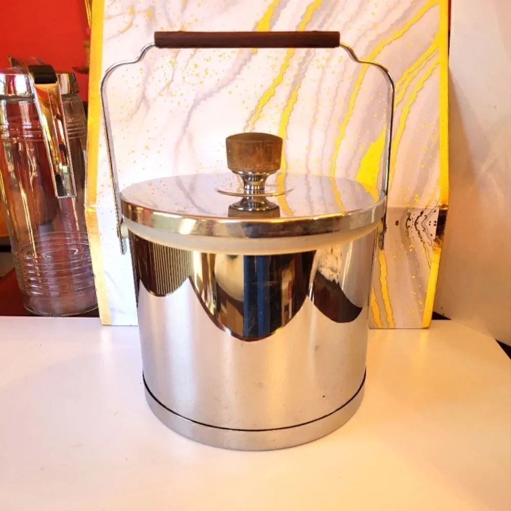 Vintage Pristine Atapco Shiny Chrome Wood Handle/Top Ice Bucket USA '60s